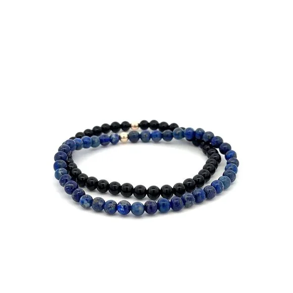 Onyx & Lapis Lazuli Gemstone Stretch Bracelet with 14K Gold Accent Bead Handmade - Picture 4 of 7